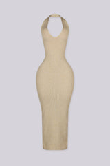 Metallic ribbed knit fitted bodycon dress with plunging neckline and open lace up back