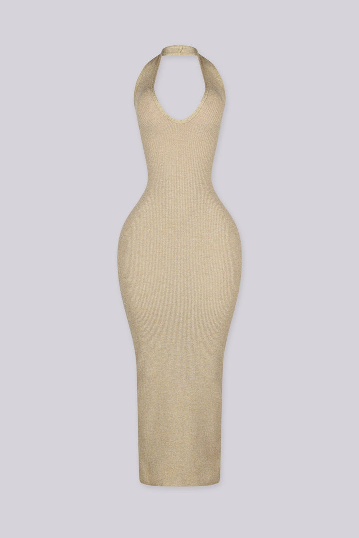 Metallic ribbed knit fitted bodycon dress with plunging neckline and open lace up back