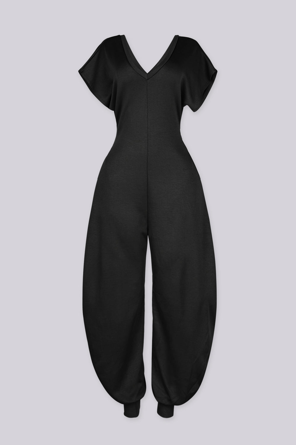 Relaxed fit jersey jumpsuit with deep V neckline and short dolman sleeves
