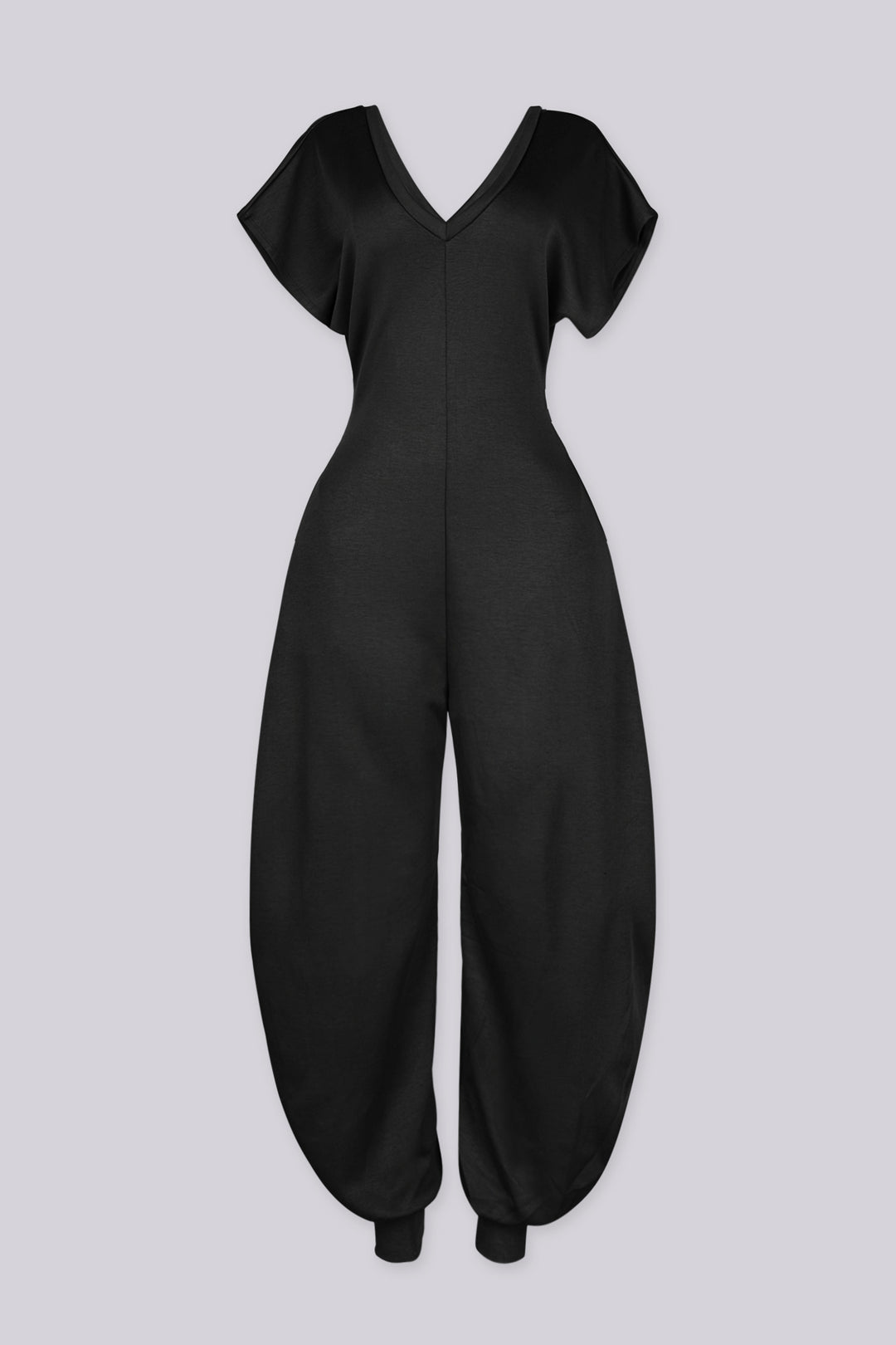 Relaxed fit jersey jumpsuit with deep V neckline and short dolman sleeves