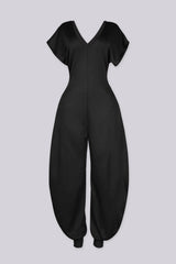Relaxed fit jersey jumpsuit with deep V neckline and short dolman sleeves