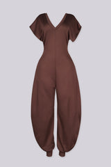 Relaxed fit jersey jumpsuit with deep V neckline and short dolman sleeves
