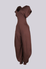 Relaxed fit jersey jumpsuit with deep V neckline and short dolman sleeves