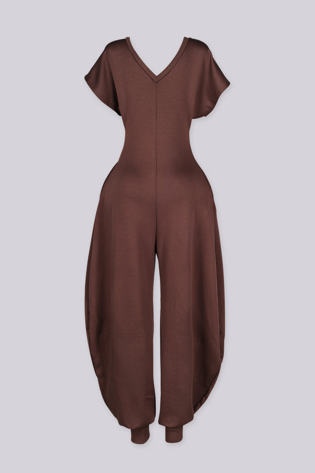 Relaxed fit jersey jumpsuit with deep V neckline and short dolman sleeves