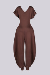 Relaxed fit jersey jumpsuit with deep V neckline and short dolman sleeves