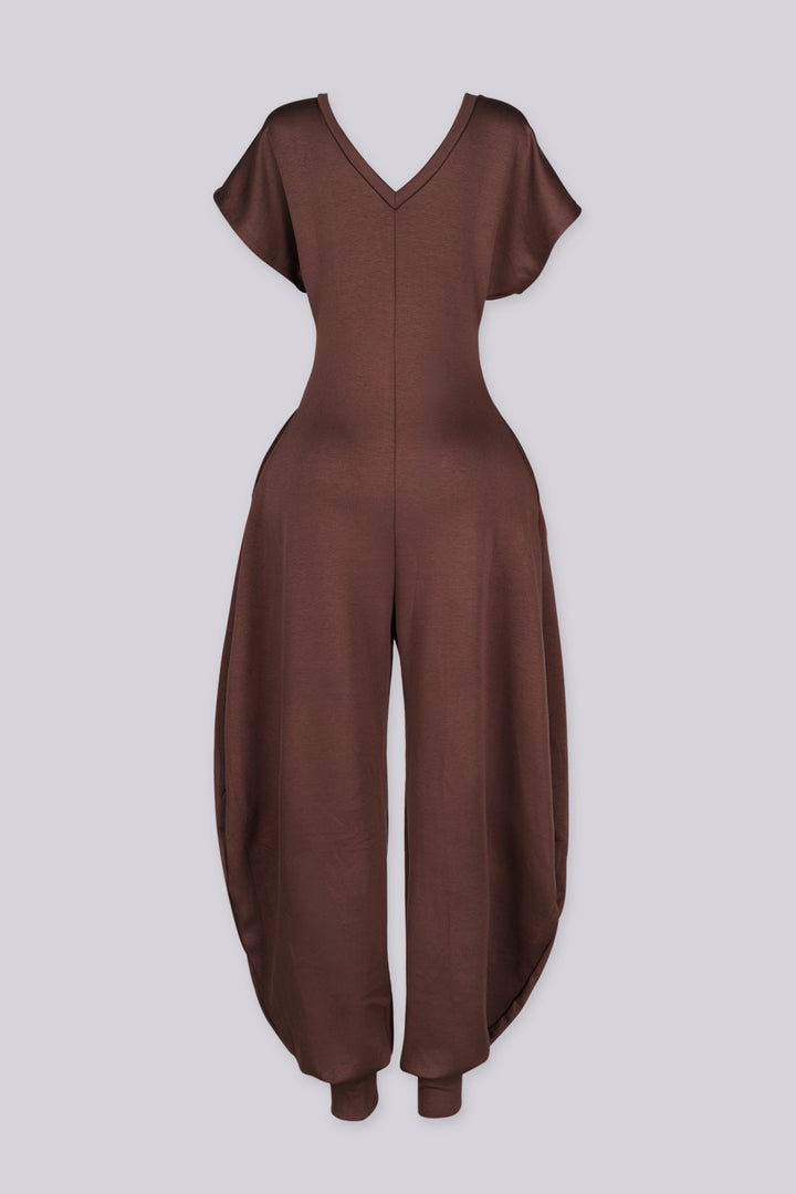 Relaxed fit jersey jumpsuit with deep V neckline and short dolman sleeves