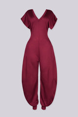 Relaxed fit jersey jumpsuit with deep V neckline and short dolman sleeves