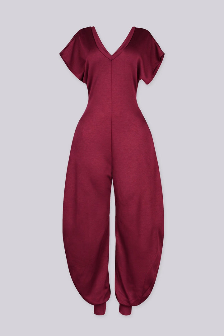 Relaxed fit jersey jumpsuit with deep V neckline and short dolman sleeves