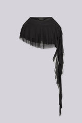 Low rise sheer mesh mini skirt with tiered ruffle layers throughout