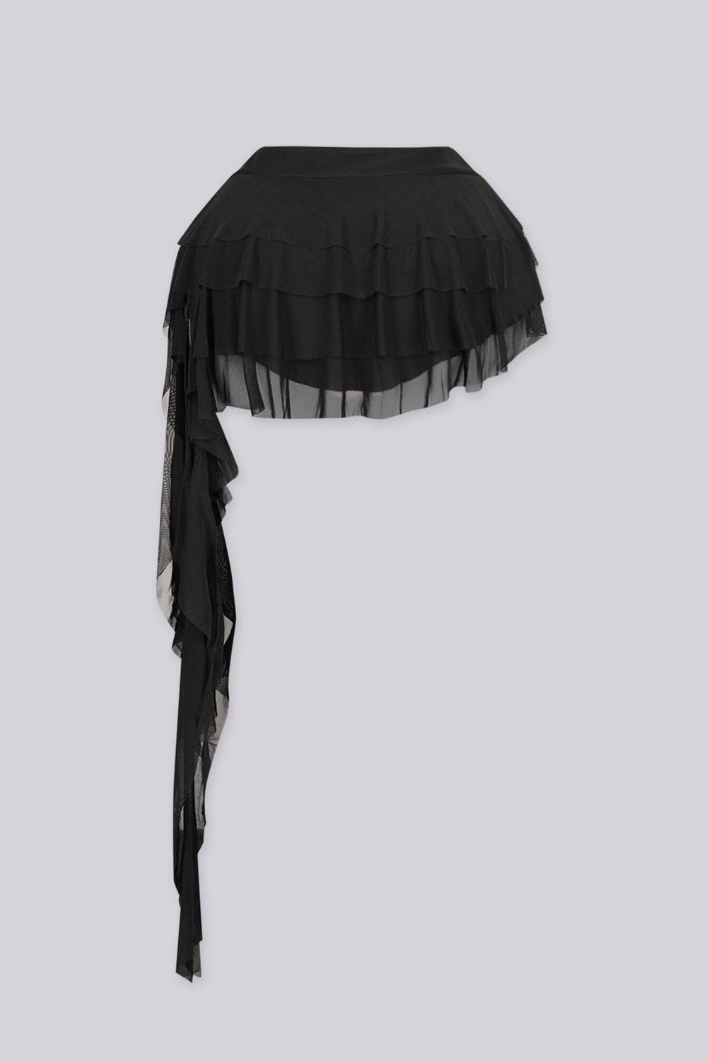 Low rise sheer mesh mini skirt with tiered ruffle layers throughout