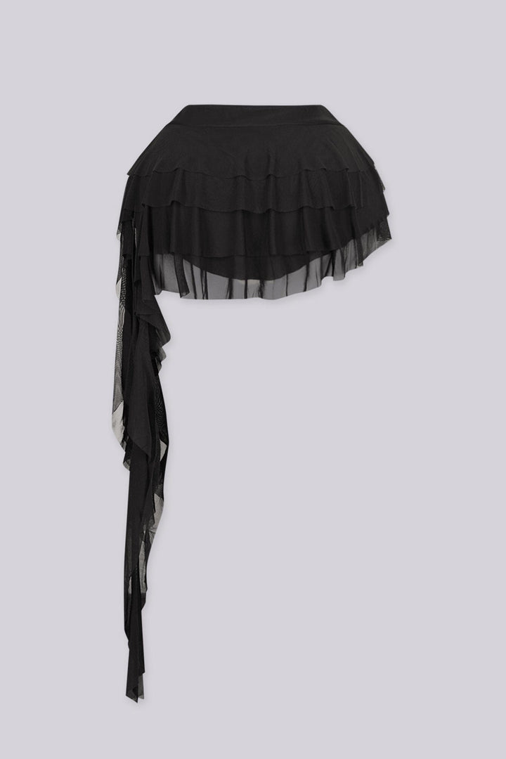 Low rise sheer mesh mini skirt with tiered ruffle layers throughout