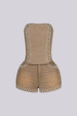 Denim tube crop top with pearl and rhinestone embellishment detailing, front view