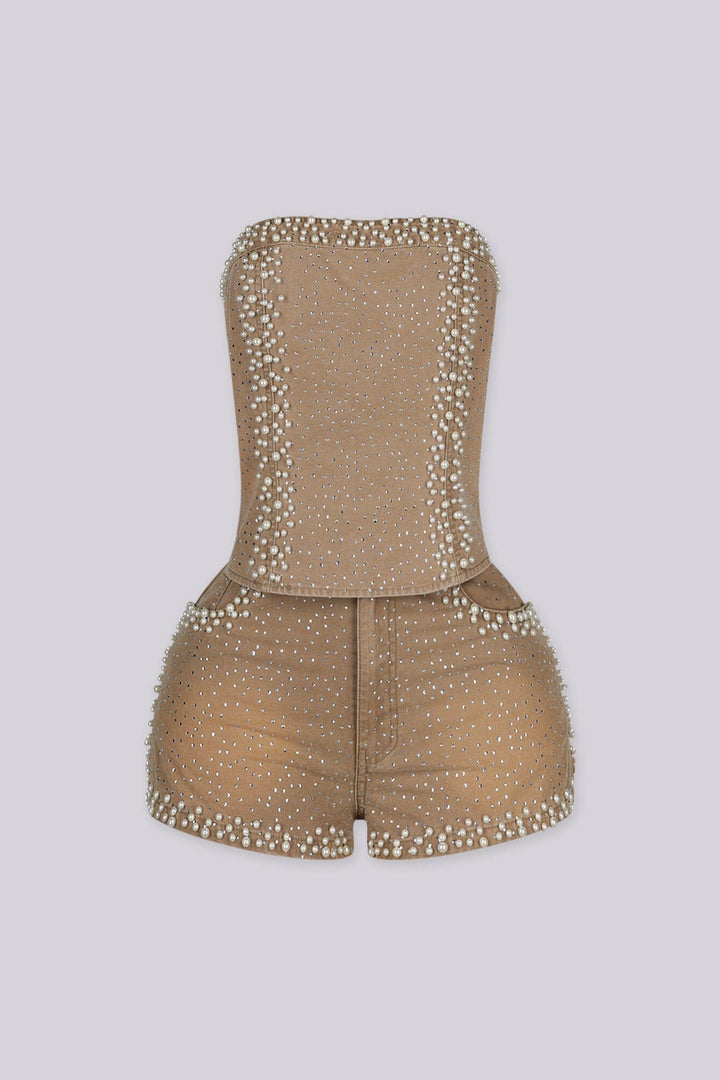 Denim tube crop top with pearl and rhinestone embellishment detailing, front view