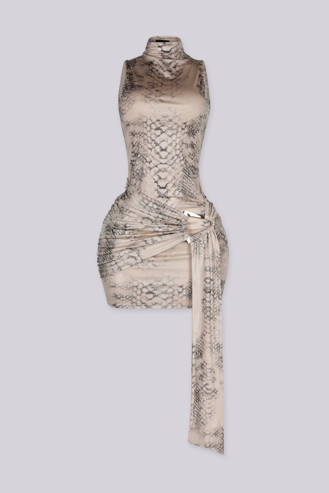 Sleeveless fitted mini dress with mock neckline in snake print design