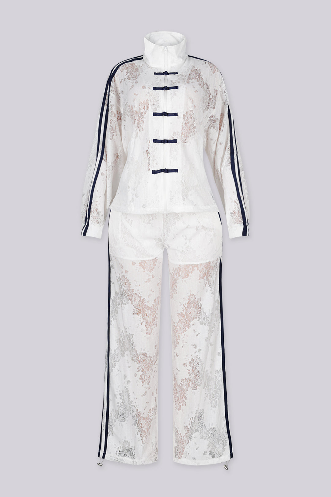 Sheer floral lace jacket with mandarin collar featuring full zip closure and frog knot button detailing at center front