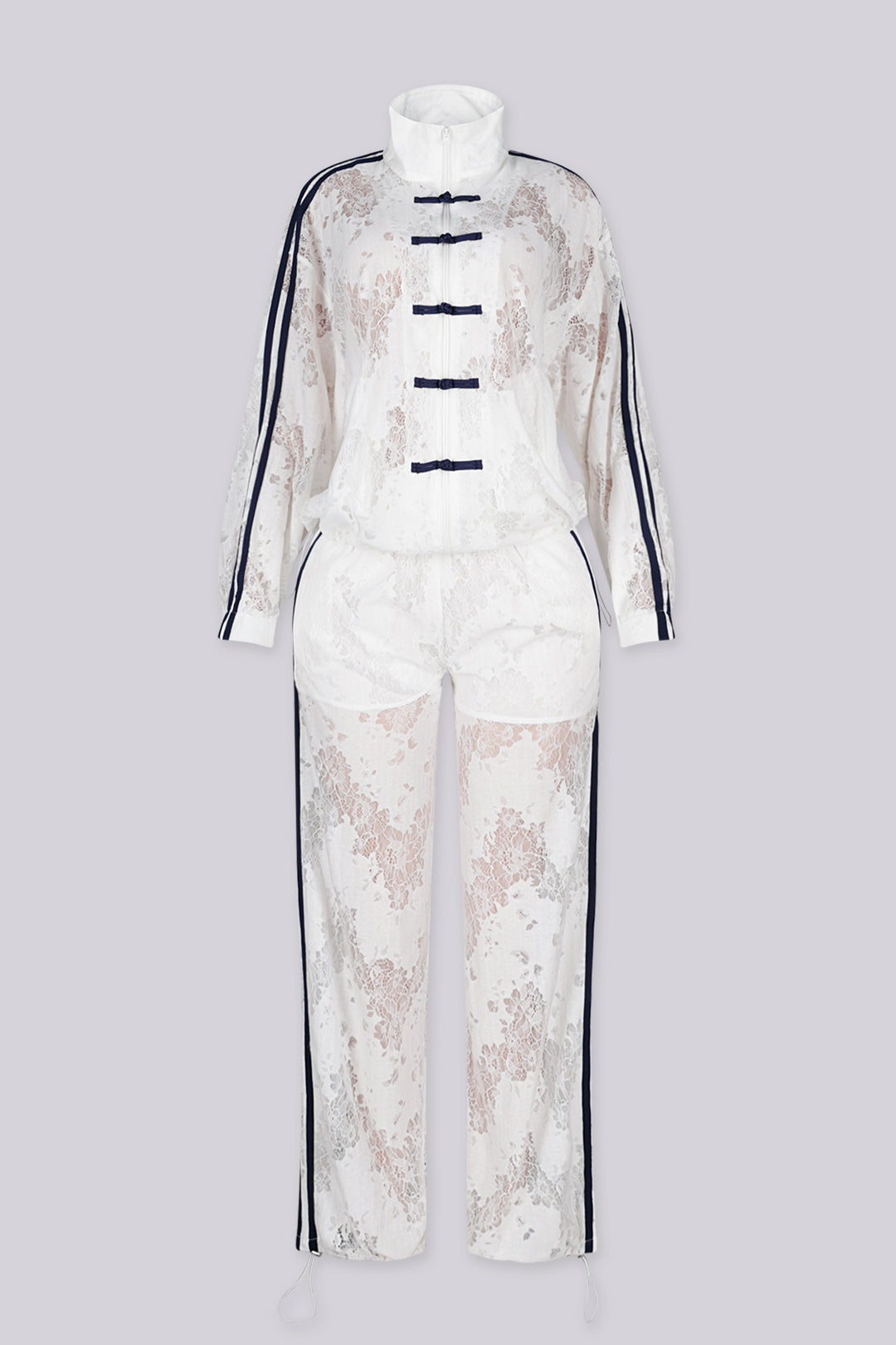Sheer floral lace jacket with mandarin collar featuring full zip closure and frog knot button detailing at center front
