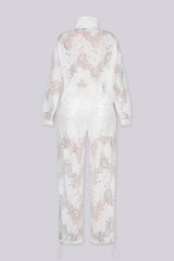 Sheer floral lace jacket with mandarin collar featuring full zip closure and frog knot button detailing at center front