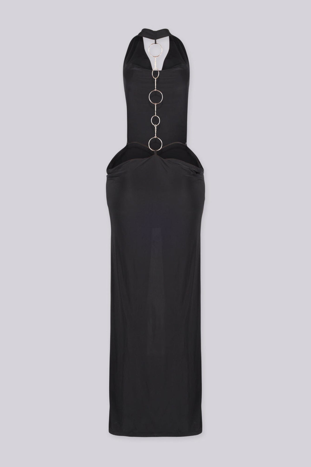Cowl draped halter neckline maxi dress with fitted bodycon silhouette, black back view