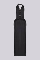 Cowl draped halter neckline maxi dress with fitted bodycon silhouette, black back view