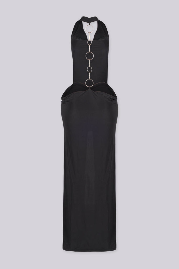 Cowl draped halter neckline maxi dress with fitted bodycon silhouette, black back view