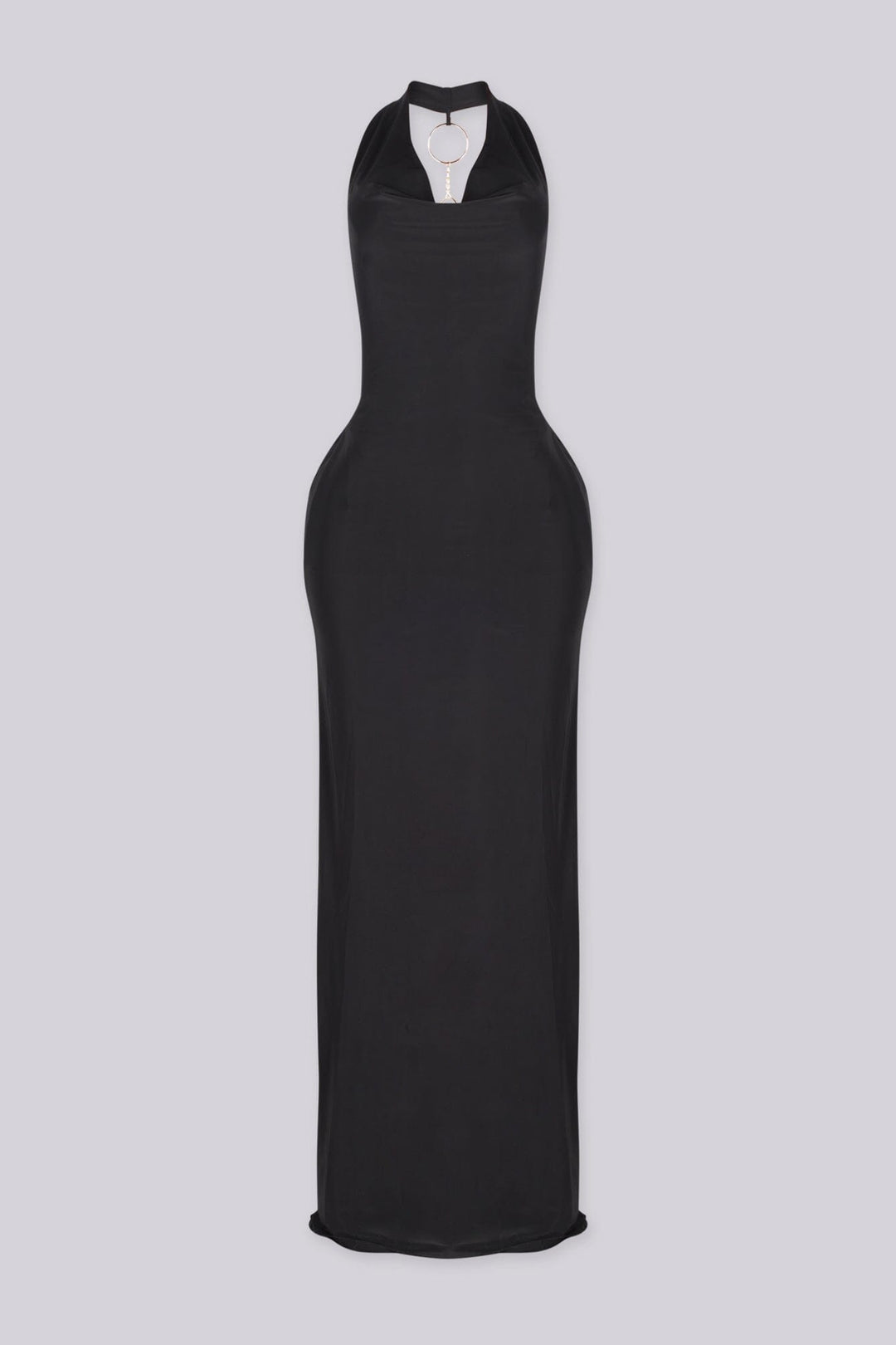 Cowl draped halter neckline maxi dress with fitted bodycon silhouette, black front view