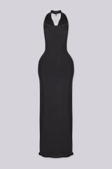 Cowl draped halter neckline maxi dress with fitted bodycon silhouette, black front view