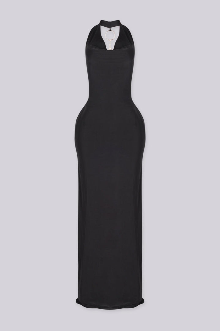 Cowl draped halter neckline maxi dress with fitted bodycon silhouette, black front view