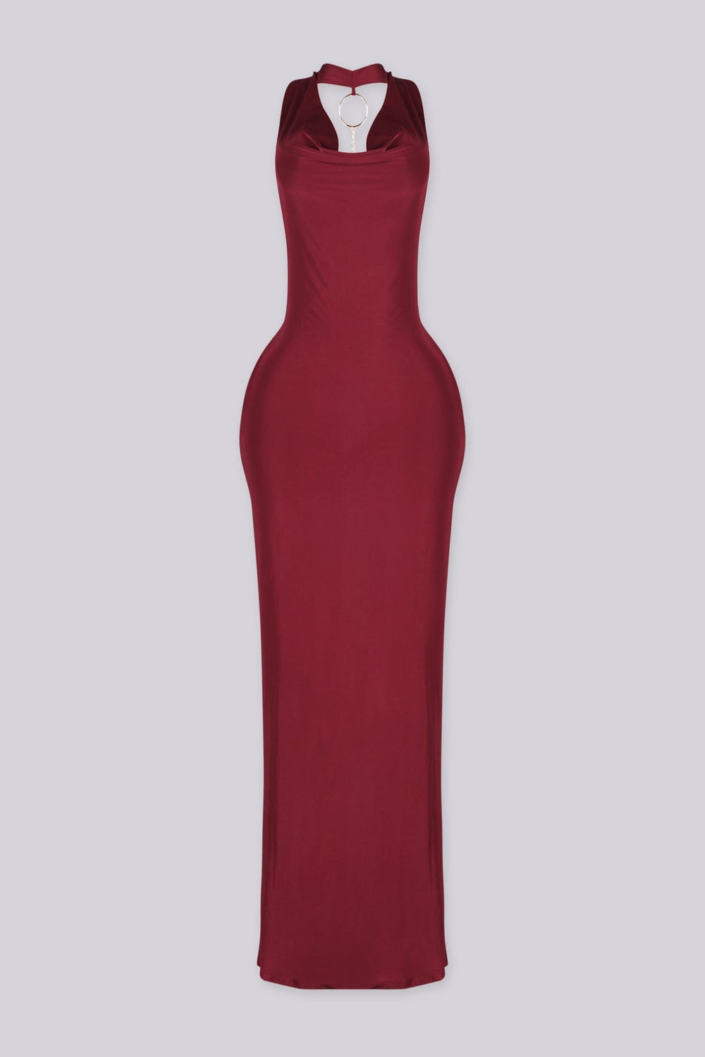 Cowl draped halter neckline maxi dress with fitted bodycon silhouette