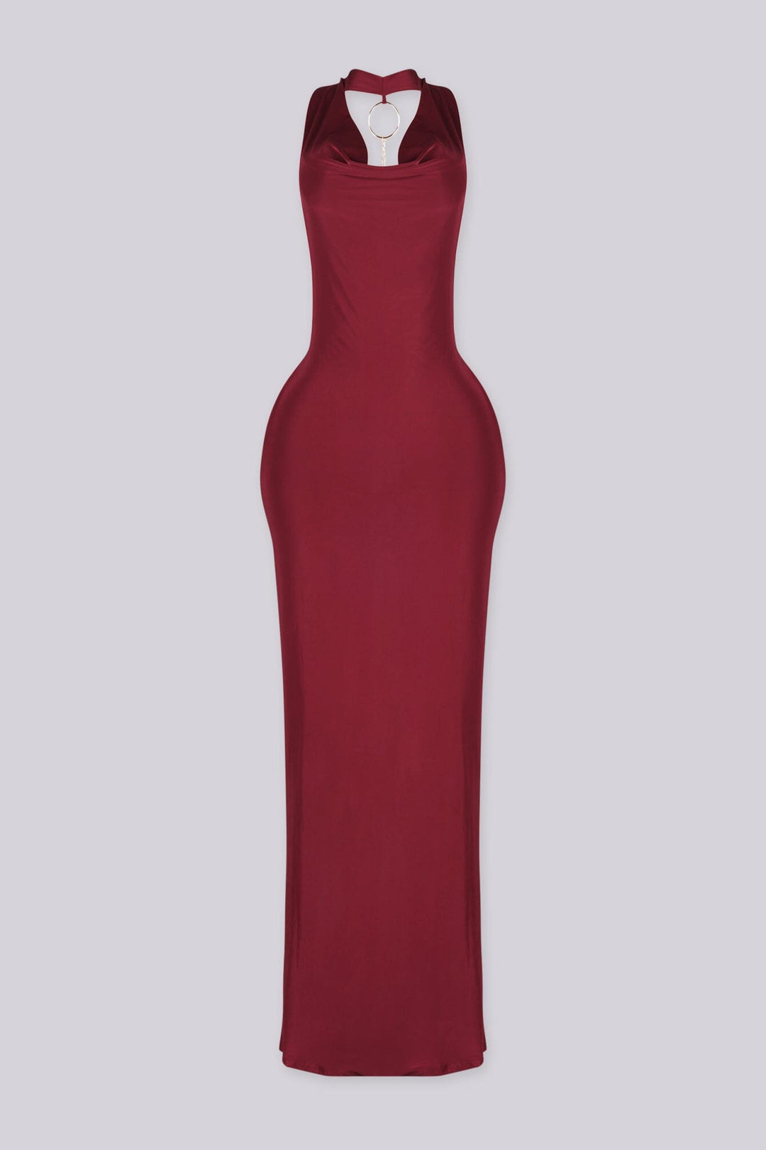 Cowl draped halter neckline maxi dress with fitted bodycon silhouette