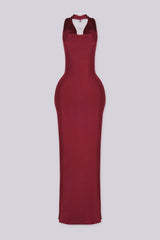 Cowl draped halter neckline maxi dress with fitted bodycon silhouette