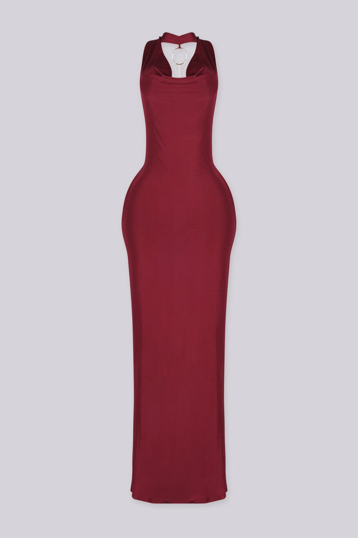 Cowl draped halter neckline maxi dress with fitted bodycon silhouette
