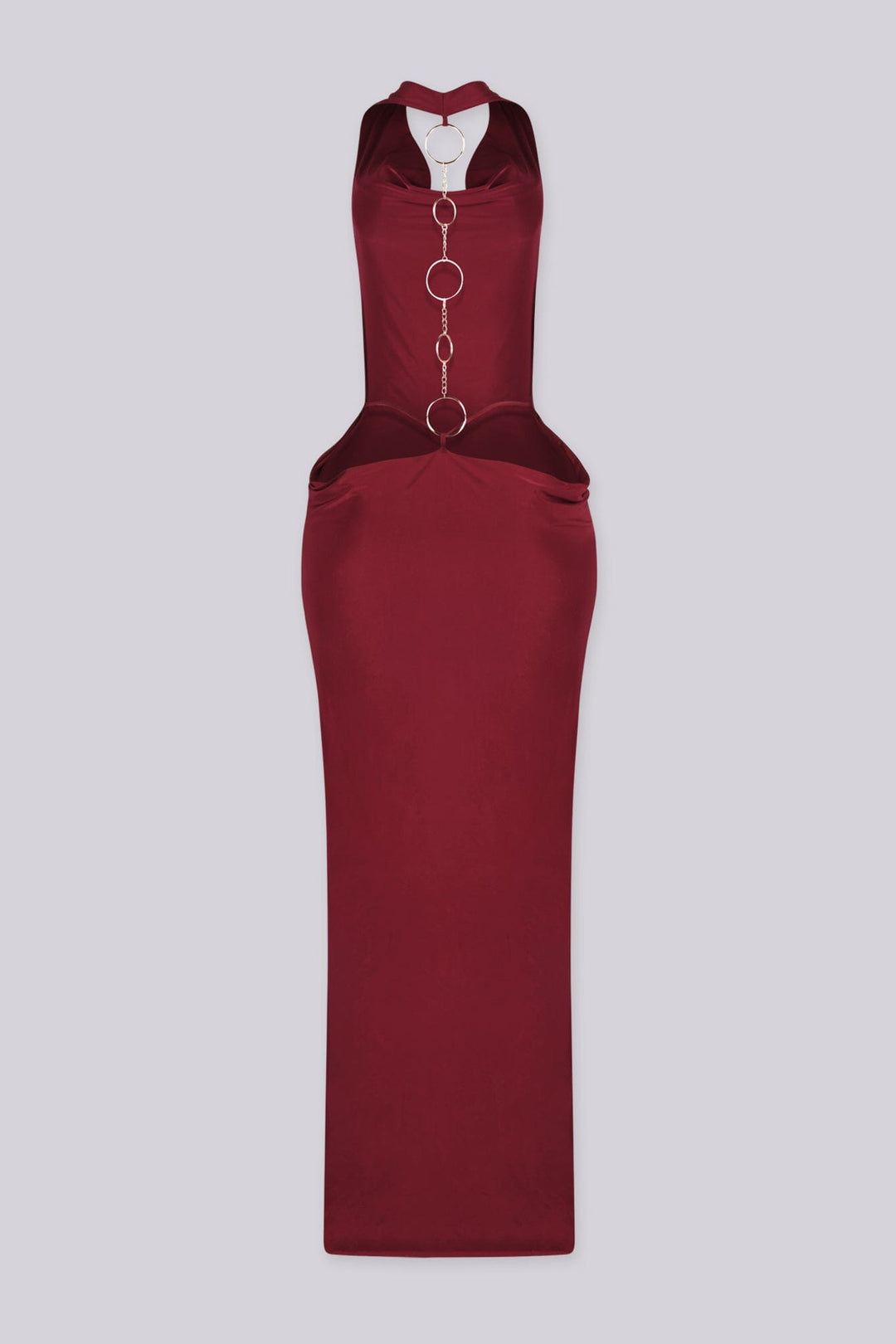 Cowl draped halter neckline maxi dress with fitted bodycon silhouette