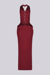 Cowl draped halter neckline maxi dress with fitted bodycon silhouette