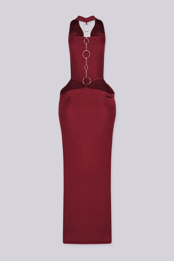 Cowl draped halter neckline maxi dress with fitted bodycon silhouette