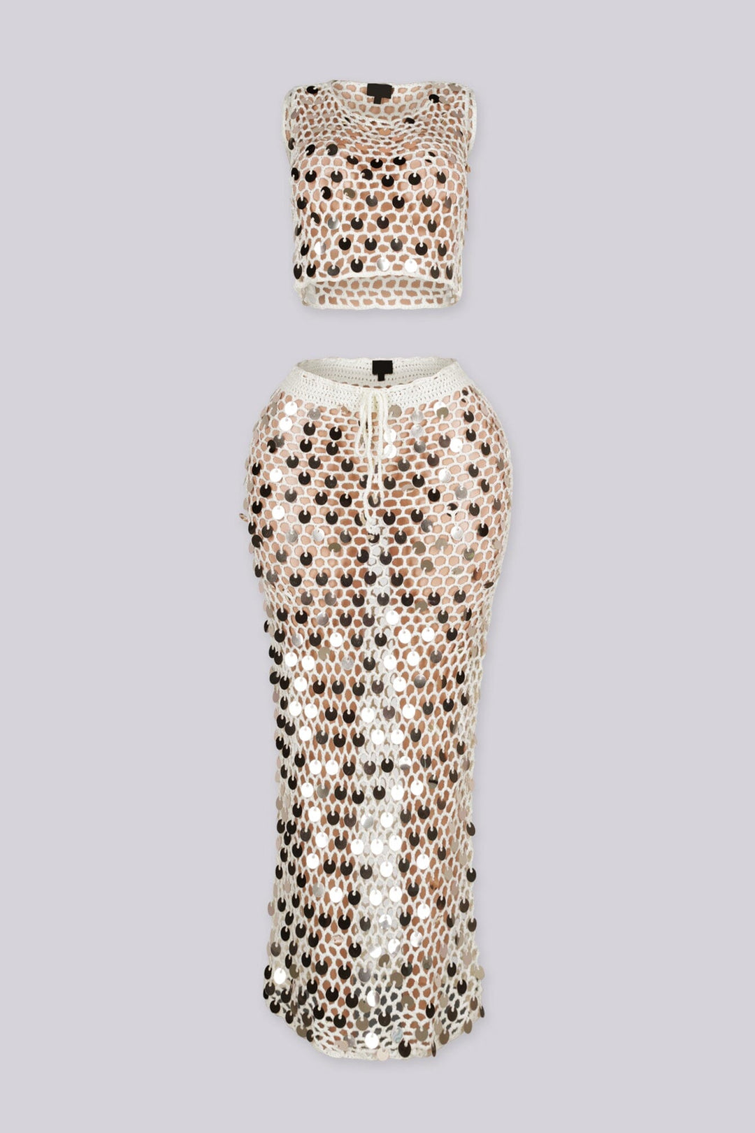 Sheer crochet two-piece set featuring sequin disc embellishments