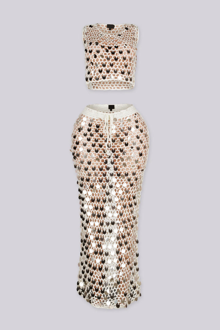 Sheer crochet two-piece set featuring sequin disc embellishments