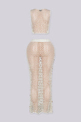Sheer crochet two-piece set featuring sequin disc embellishments