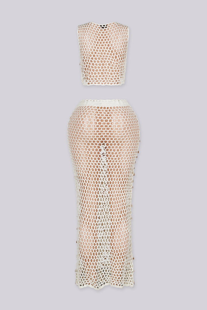 Sheer crochet two-piece set featuring sequin disc embellishments