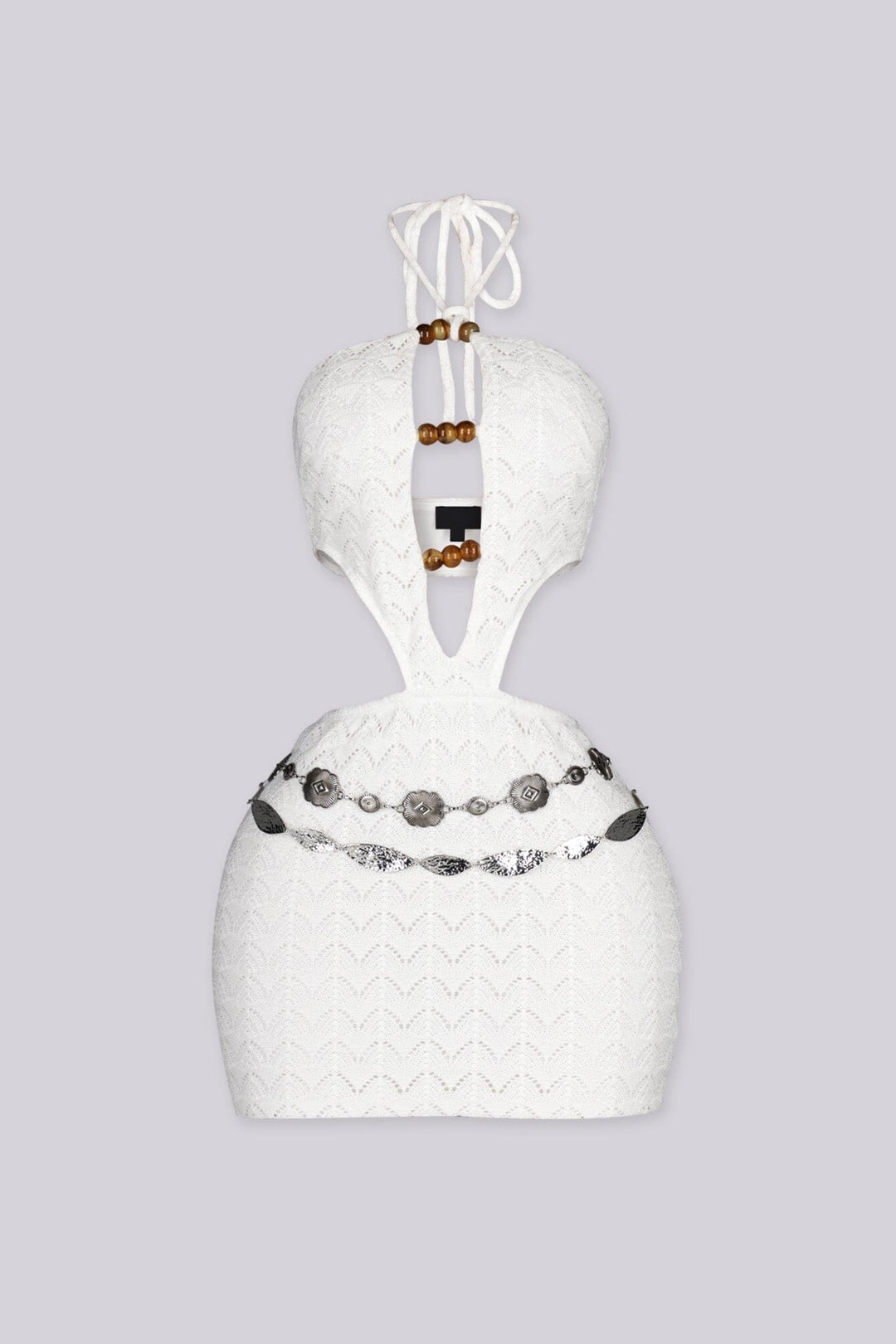 Crochet cutout mini dress with a deep halter neckline featuring adjustable rope tie with wooden bead accents at the front