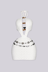 Crochet cutout mini dress with a deep halter neckline featuring adjustable rope tie with wooden bead accents at the front