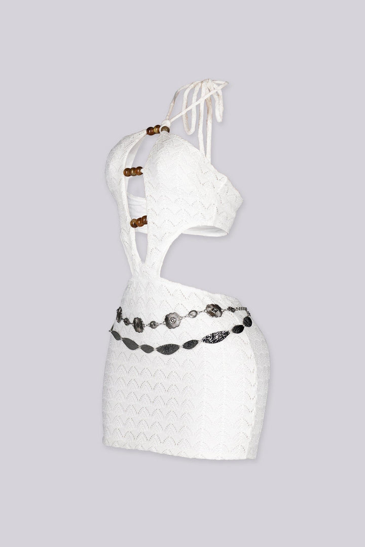 Crochet cutout mini dress with a deep halter neckline featuring adjustable rope tie with wooden bead accents at the front