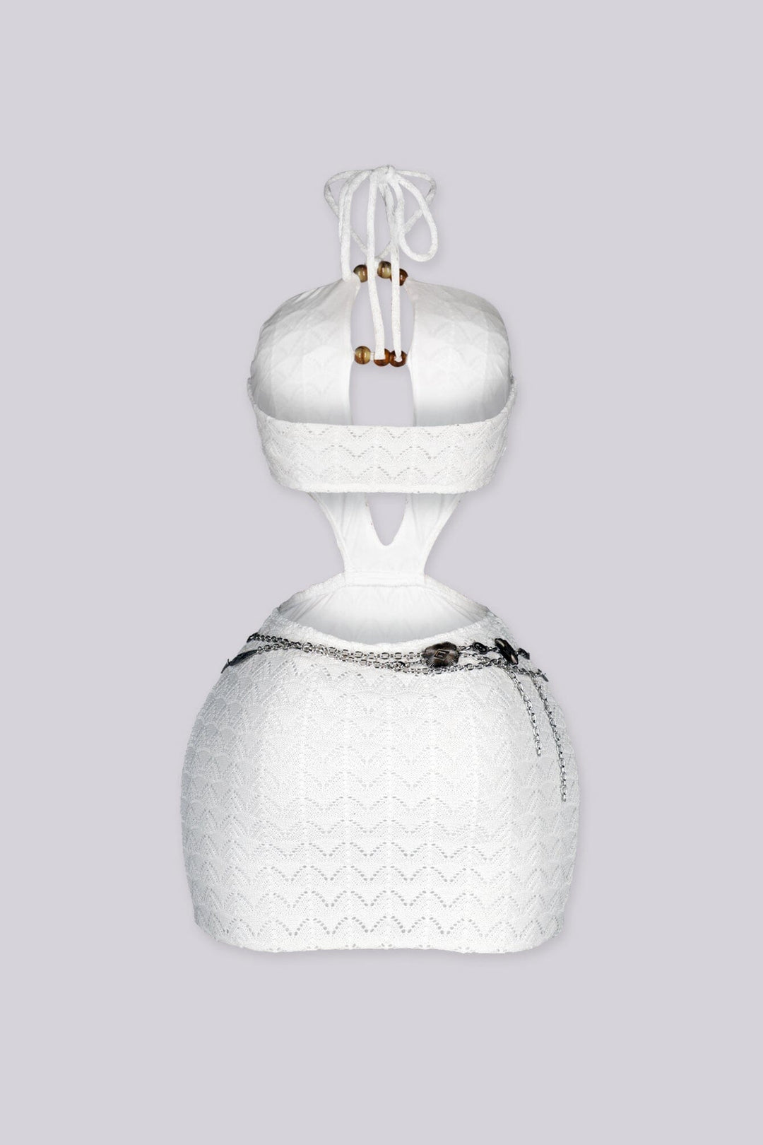 Crochet cutout mini dress with a deep halter neckline featuring adjustable rope tie with wooden bead accents at the front
