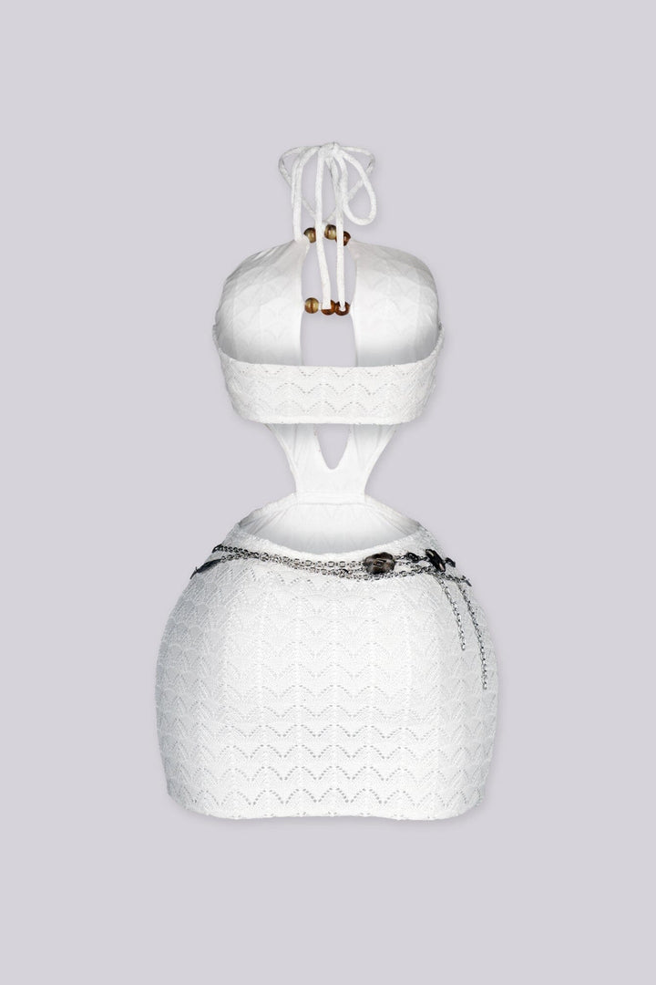 Crochet cutout mini dress with a deep halter neckline featuring adjustable rope tie with wooden bead accents at the front