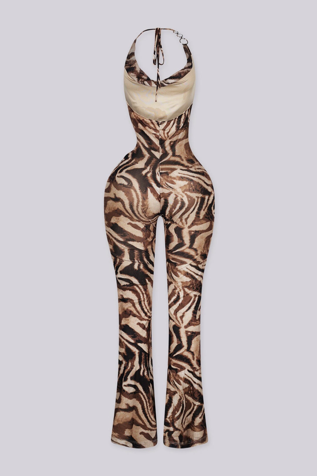 Cowl neck halter top jumpsuit with chain strap detail at one shoulder, back view