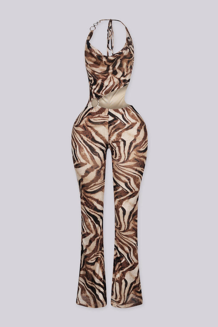 Cowl neck halter top jumpsuit with chain strap detail at one shoulder, front view