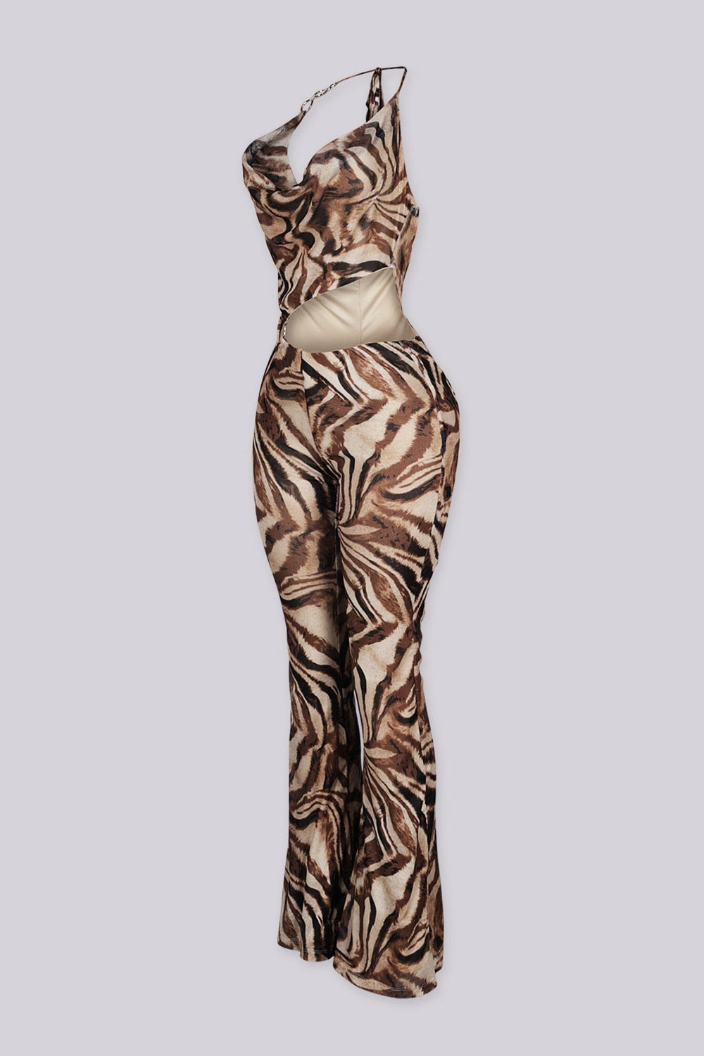 Cowl neck halter top jumpsuit with chain strap detail at one shoulder, side view