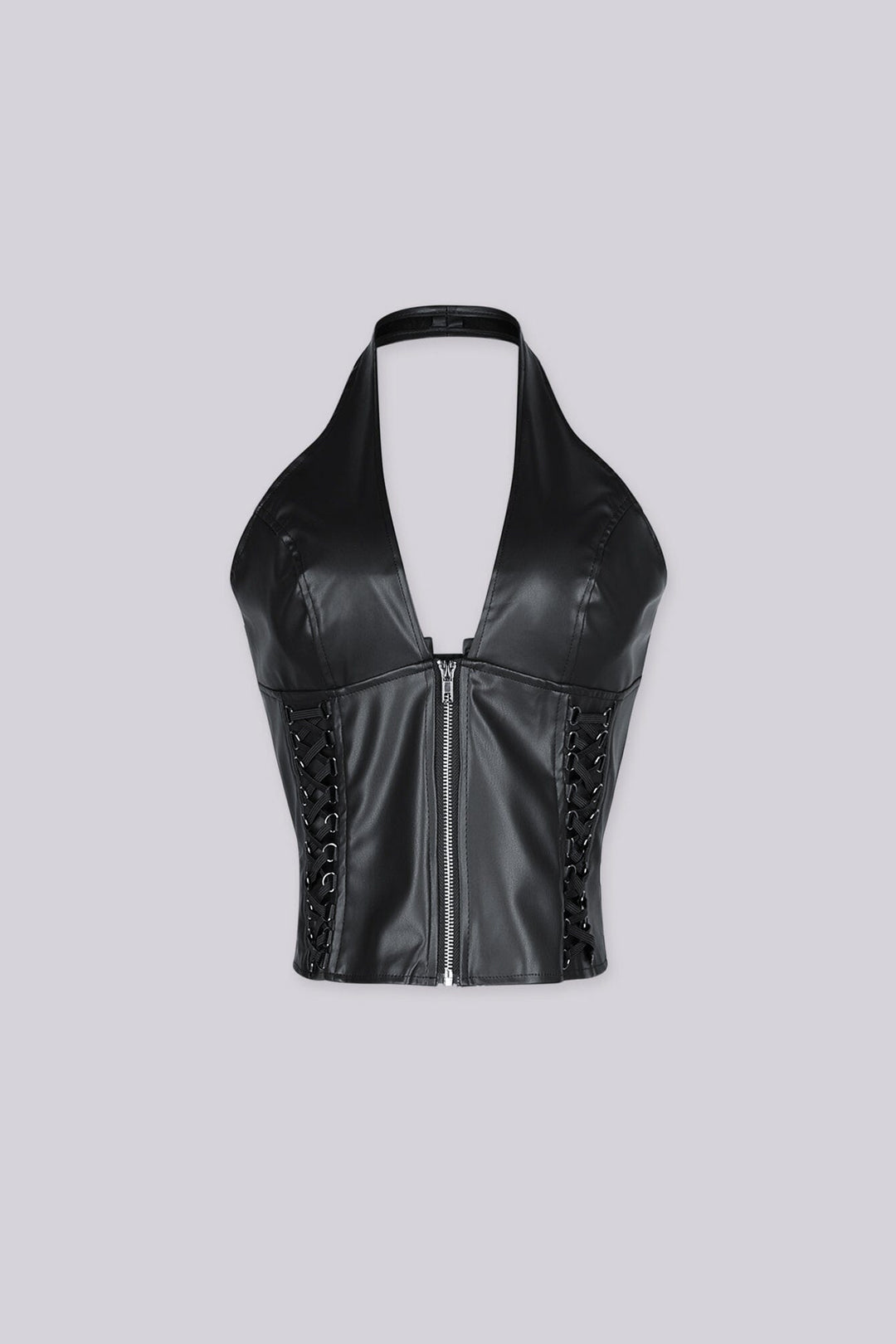 Faux leather cropped halter corset top with plunging V neckline featuring side and back lace up details with metal hardware