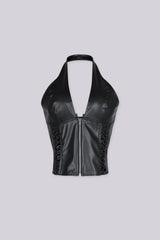 Faux leather cropped halter corset top with plunging V neckline featuring side and back lace up details with metal hardware