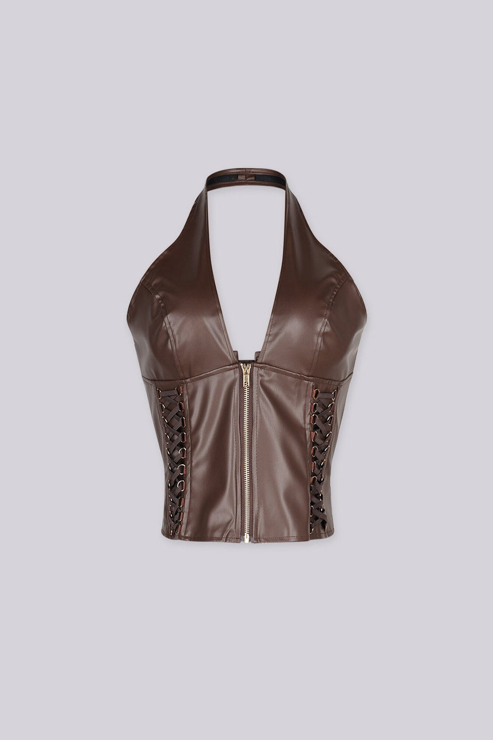 Faux leather cropped halter corset top with plunging V neckline featuring side and back lace up details with metal hardware