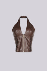 Faux leather cropped halter corset top with plunging V neckline featuring side and back lace up details with metal hardware